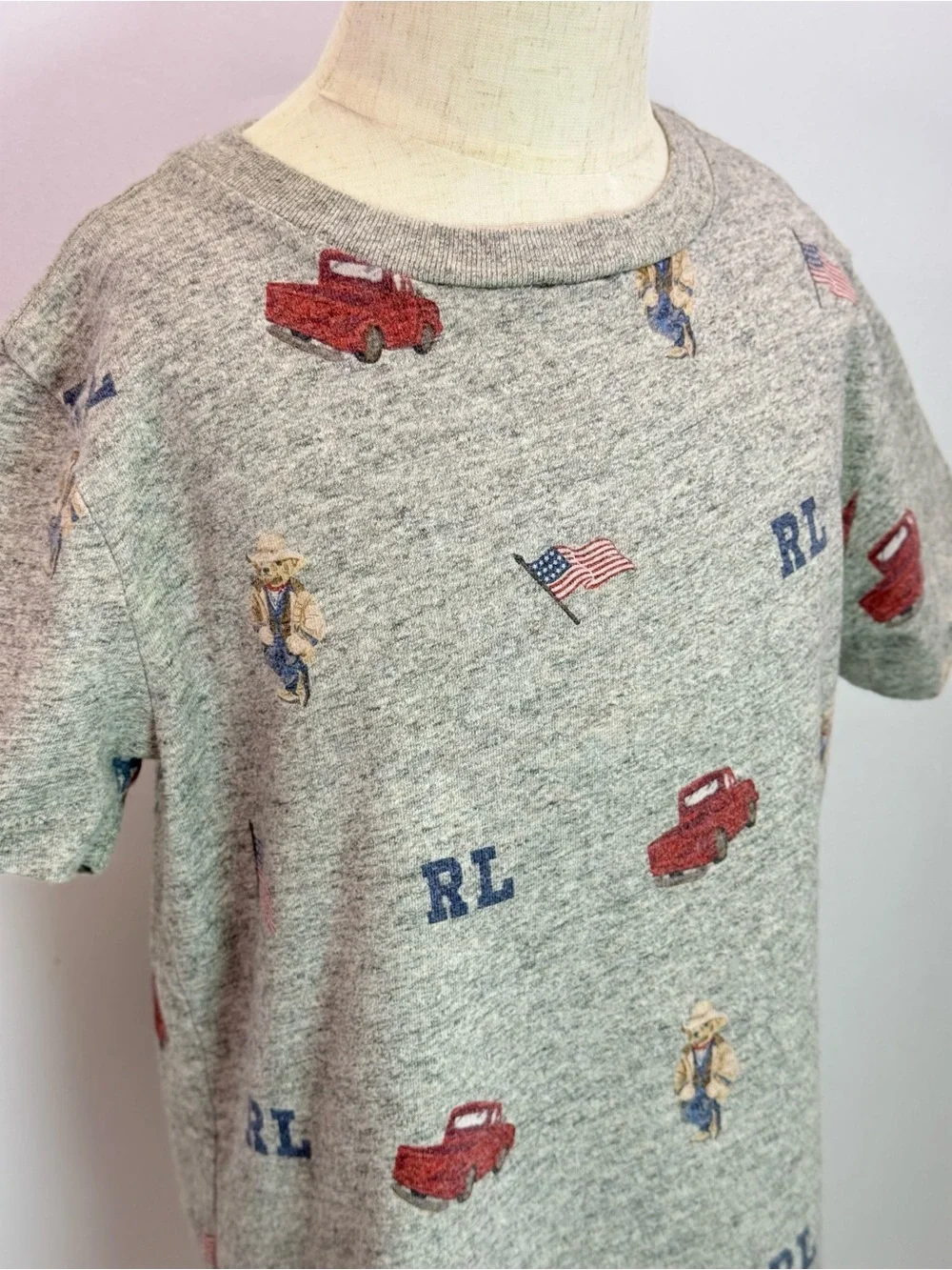 Polo Ralph Lauren Boy’s Grey All-Over Print Bear Truck Short Sleeve Shirt Size 7